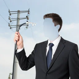 a business man with a head out of cable and electricity