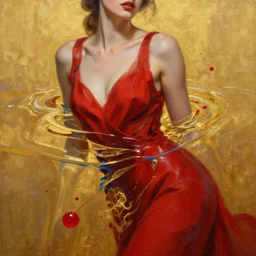abstract oil matte painting, woman in a red dress partially submerged in golden acrylic liquid, red dollops, blue strains, wonderful masterpiece highly detailed, beautiful cinematic light deep focus, elegant, smooth, sharp focus, golden ratio, dramatic illumination, ultra realistic, 8 k, art by kristina alisauskaite and caravaggio