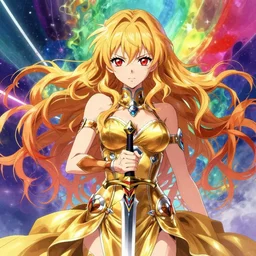portrait girl in futuristic luxurious golden dress holding a ceremonial sword, long curvy hair, colourful palette, pretty face, cute face, intimidating expression, red eyes, anime by greg rutkowski rossdraws makoto shinkai, adobe illustrator, trending on pixiv, behance