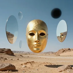 levitating bene gesserit with full - face golden mask and glowing eyes in a dry rocky desert landscape, visible sky and sunny atmosphere, fata morgana giant mirrors, black hole in the sky by alejandro jodorowsky, anamorphic lens, kodakchrome, cinematic composition, practical effects, 8 k,