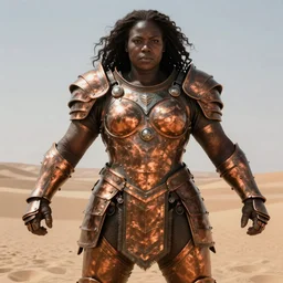 a large powerful woman wearing copper armor, heavy looking, powerful scene, imposing presence, by greg staples and boris vallejo, hyperdetailed, realistic, dark skin, desert lands, sharp focus, soft lighting, centered