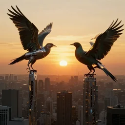 still from matrix, exotic birds, sunset, golden hour lighting, cybernetic world