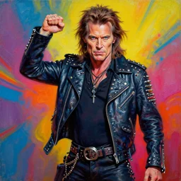 a portrait of willem dafoe an apocalyptic orcish biker character standing in a dynamic pose, psychedelic vibrant colors, punk rock fashion, oil painting by michael whelan art, sharp focus, detailed eyes, realistic, studded leather jacket, 8 k