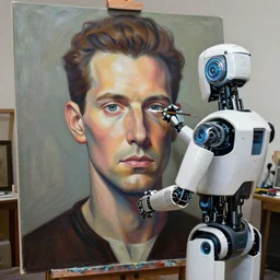 robot artist painting a self - portrait on a canvas. intricate, highly detailed, digital matte painting in the style of alberto vargas and in the style of bob eggleton. irony, recursion, inspiration.
