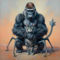 painting of hybrid between gorilla & cat & dragon, intercrossed animal, cat has eight legs, by zdzislaw beksinski, by lewis jones, by mattias adolfsson, cold hue's, warm tone gradient background, concept art, beautiful composition, digital painting