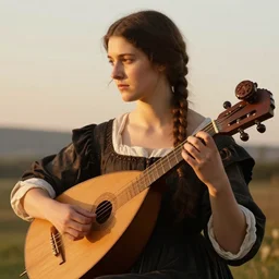 Tall English Woman playing the lute. High cheekbones, narrow nose, thin lips. Master Lutist. Long dark hair in a braid.  Art by William-Adolphe Bouguereau. During golden hour. Extremely detailed. Beautiful. 4K. Award winning.