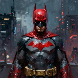 cyberpunk batman with fullface mask, red bat, full shot, moody, futuristic, city background, brush strokes, oil painting, greg rutkowski
