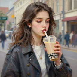 A ultradetailed beautiful portrait panting of a stylish woman drinking boba tea, she is wearing streetwear, Oil painting, by Ilya Kuvshinov, Greg Rutkowski and Makoto Shinkai