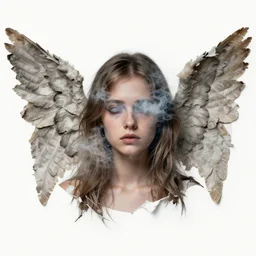 torn paper collage of an angelgirl face obscured by smoke ratty deteriorating wings