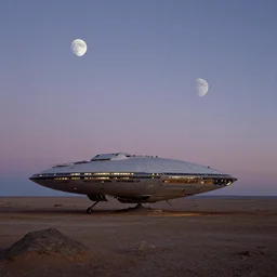 a desolate alien landscape, twilight, two moons in the sky, spaceship, retro futuristic, by norman rockwell and syd mead