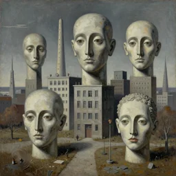 highly detailed dystopian surreal painting of eerie head statues and buildings by zdzisław beksinski