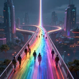 incredible, refugees crossing a mindblowingly beautiful bridge made of rainbow, energy pulsing, hardlight, matte painting, artstation, solarpunk metropolis, cgsociety, dramatic lighting, concept art, octane render, arnold 3 d render