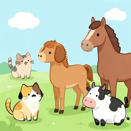 a dog, cartoon style! dream a cat, cartoon style! dream a horse, cartoon style! dream a cow, cartoon style