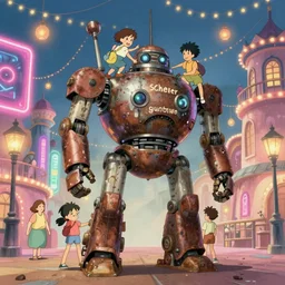 memorable animation key shot, anime movie screenshot, kids climbing up the rusty robot submarine schwerer gustav!!!!, festoon lights, neon signs, dim lanterns, paint drip, ghibli, themepark, funhouse, by satoshikon, nc wyeth, ilya repin, lena aenami, bright pastel color palette