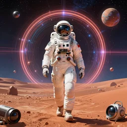 [ athletic astronaut woman ]! walking with swag toward a [ camera on mars in a realm of infinite universes ]!, synthwave! art style, digital art, cgsociety contest winner, trending on [ artstation ]!, 4 k, intricate, award winning, [ symmetrical ]!