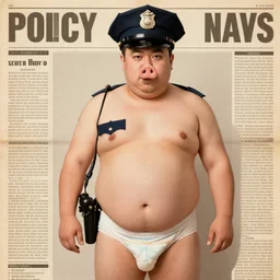vintage newspaper photo of a fat cop with a pig nose wearing nothing but a stinky diaper