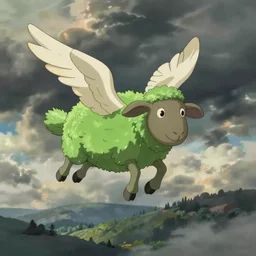 a green sheep with wings flying through the air, studio ghibli