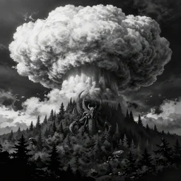 highly detailed illustration of a an old giant forest at night and lots of high exposure cummulonimbus clouds by makoto shinkai, lovecraft, shub - niggurath, the black goat of the woods with a thousand young, by oliver vernon, by joseph moncada, by damon soule, by manabu ikeda, by kyle hotz, by dan mumford, by otomo, 4 k resolution