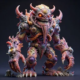 hyper-maximalist lowbrow style overdetailed 3d sculpture of a monster by clogtwo and ben ridgway inspired by beastwreckstuff chris dyer and jimbo phillips. Cosmic horror infused retrofuturist style. Hyperdetailed high resolution. Render by binx.ly in discodiffusion. Dreamlike surreal polished render by machine.delusions. Sharp focus.
