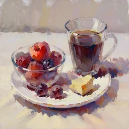 breakfast with berries and coffee, oil painting, glassware, thick strokes, vibrant, colorful, reflections, subsurface scattering, sharp edges, hazy