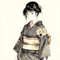 ink painting, japanese style, manga, girl in a kimono