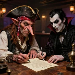 ( pirate with a bandanna ), goblin!!!!! with a big nose, and a vampire!!!!! signing a contract in a saloon, hyperrealism, 8 k, intricate