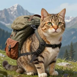 Portrait of a cat with an oversized backpack in the mountains, fantasy, high detail, elegant, digital painting, WLOP, natural light, vibrant, intricate, textured skin, highly detailed, artstation, sharp, focus, illustration, Anna Dittmann, Ilya Kuvshinov, Nikolay Makovsky
