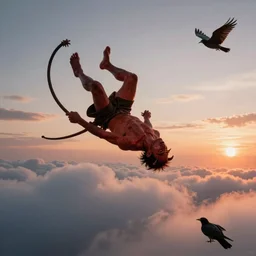 devil falling down from clouds while it's sunset and all the birds are watching the miracle