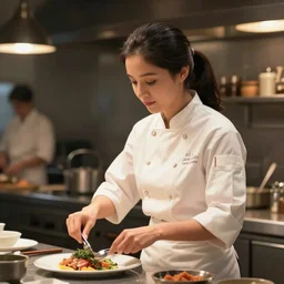 animation frame of an attractive female chef ( dark hair tied in a ponytail ) cooking a meal, closeup portrait, ( ( wholesome, ) ) blurry background of the kitchen of a highend restaurant, bloom, medium shot, waist up, dramatic lighting, in the style of studio ghibli, j. c. leyendecker, greg rutkowski, artgerm