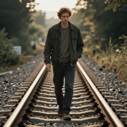 a man walking on the rail way.