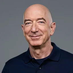 A studio portrait of Jeff Bezos looking happy, highly detailed, 80mm, f/1.4