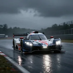 Honda Civic 2022. Honda LMP1 car racing on dimly lit track overcast skies raining headlights illuminating track, volumetric lighting cinematic digital painting vray photo muted colors dark cinematic. front side view uncropped centered
