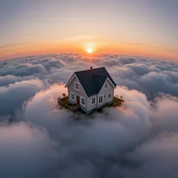 a house in the sky clouds, sunset, greg rutkowski, zabrocki, karlkka, jayison devadas, trending on artstation, 8 k, ultra wide angle, zenith view, pincushion lens effect