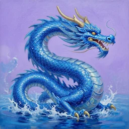 Dragon made of water, high detail, oil painting, bright blues, purple sky