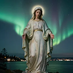 hd digital photo of virgin mary blending into a beautiful aurora over seattle