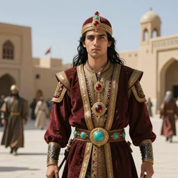 young persian warrior, long black hair, garnet, turquoise, orientalist, 1 6 k, very detailed, sunny medieval iranian city, warm natural lighting, gold details, marc simonetti, sung choi, artstation, greg rutkowski, sharp focus, octane render
