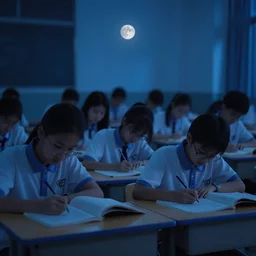 students studying in a classroom at night time, blue tint, night, moonlight