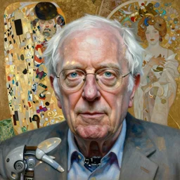 Masterpiece painting of Bernie Sanders by Donato Giancola and Tom Bagshaw, face by Artgerm and Edmund Leighton, Alphonse Mucha, background by James Jean and Gustav Klimt, 4k, partial robotic body, volumetric Lighting, porcelain skin, komorebi, french nouveau