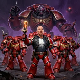 Jeff Bezos leads his squad of space marines against nurgle corrupted elon musk\'s heretics, 40k, Wlop, Artstation trending, 4k
