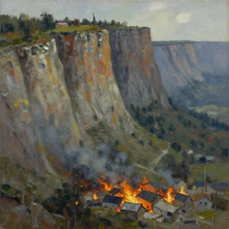 a painting of a cliff side, at the bottom is a burning village, hyper realistic, highly detailed, thick brush strokes, visible paint layers.