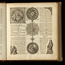 an open old and timeworn book containing magic spells and occult illustrations by leonardo davinci on stained and crumbled paper, highly detailed, intricate, high quality scan