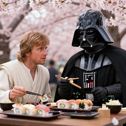 luke skywalker and darth vader eating sushi underneath cherry tree, cherry blossoms, cinematic, realistic, 4k