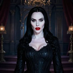 Gal Gadot dressed as Morticia Adams, she has beautiful alabaster white skin, and Ruby red Lips, she is in a creepy Victorian era mansion