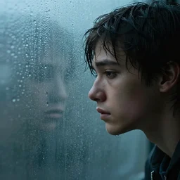 young person looking through water wall, with clear glass, melancholic, sad, lots of raindrops, detailed, cinematic, dramatic lighting, by stanislaw szukalski