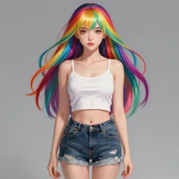 full body portrait, a beautiful symmetrical gorgeous anime girl, rainbow hair, attractive, casual, modern, victoria's secret, highly detailed, digital painting, artstation, concept art, smooth, sharp focus, illustration, art by artgerm, greg rutkowski and alphonse mucha, 8 k,