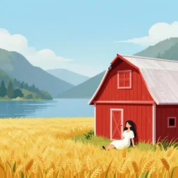 a fjord with a lone gable roof red barn next to a wheat crop. subject : a young woman with long black hair wearing a white dress. action : the woman is resting in the shade! of the barn. composition : smooth, dreamlike, illustration, elegant, wide angle. artist : eddie mendoza. style : pixel art.