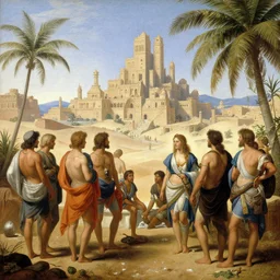 : „a painting of a group of people outside in tropical desert Atlantis city, an ultrafine detailed painting by Giovanni Paolo Pannini, cg society, renaissance, da vinci, detailed painting, academic art“