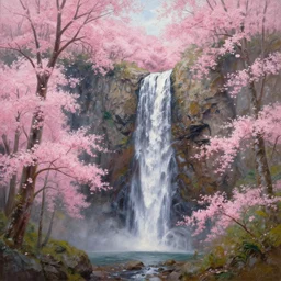 A beautiful oil painting of a very tall waterfall on a very rocky cliff, in the middle of a huge forest of cherry blossom trees with bright pink glowing leaves, by Greg Rutkowski