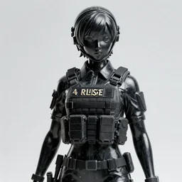 a statue of an extremely beautiful female anime riot policewoman made of black marble, the statue is not wearing a helmet, no helmet, 4 k, 8 k, hd, render, denoise, sharp focus, clear focus, beautiful lighting, trending on artstation, tactical gear, chest rig, straps, nylon, buckles, the statue is wearing a complex tactical chest rig, acronym, techwear, tactical clothing, sharp focus, award winning photograph, beautiful, clear, sharp, detailed, hyperreal, realistic