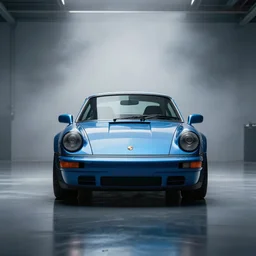 photograph of a blue porsche 911 standing in a garage, centered, mist, volumetric light, cinematic lighting, octane render, 4k, ultra realistic, reflections, cinematic
